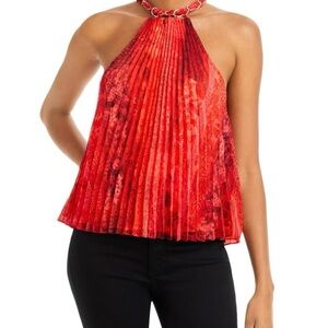 NWOT Alice + Olivia 'Alycia' Chain-Neck Pleated Halter Top, Bright Coral